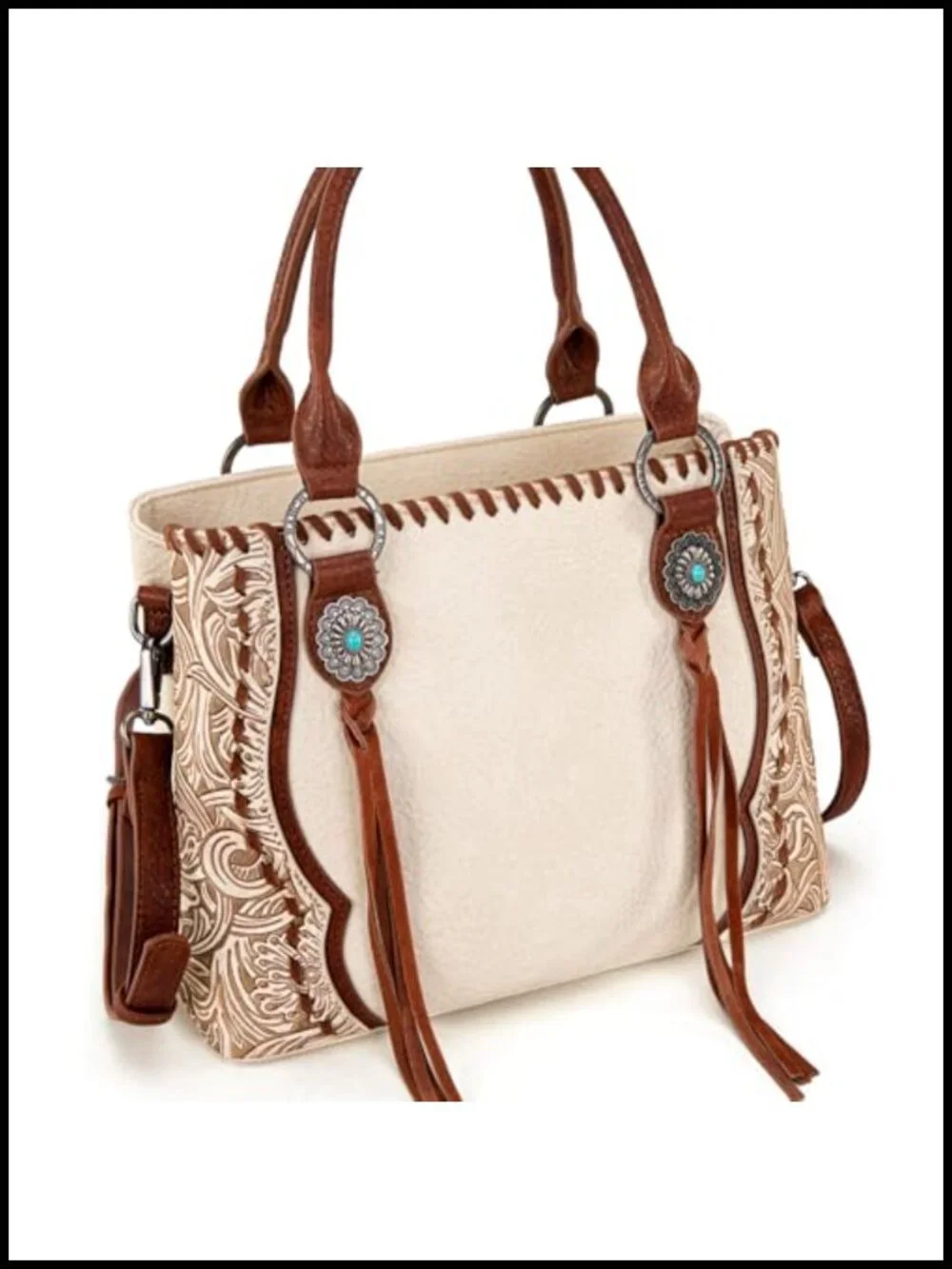Vintage Tooled Floral Concho Tote Bag with Whipstitch Detail